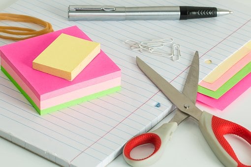 Post It Notes, Desk, Clutter, Scissors